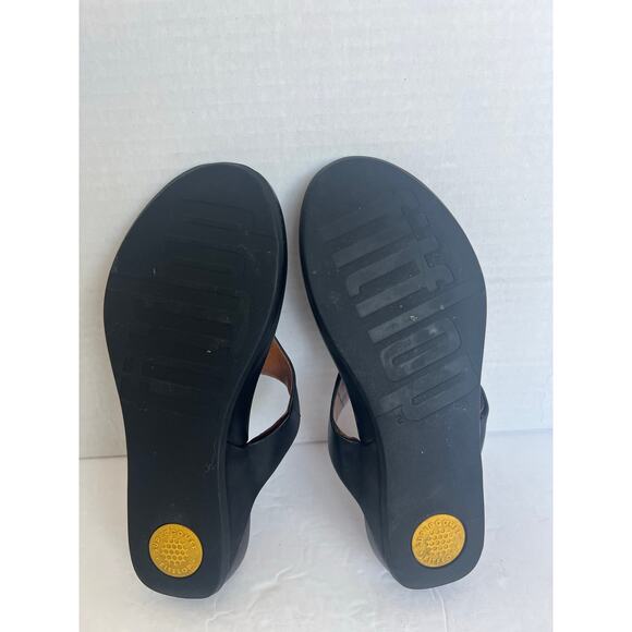 FitFlop Black/Brown Leather Banda Il Thong Slip On Low Wedge Comfort Sandals 6 - Picture 10 of 10